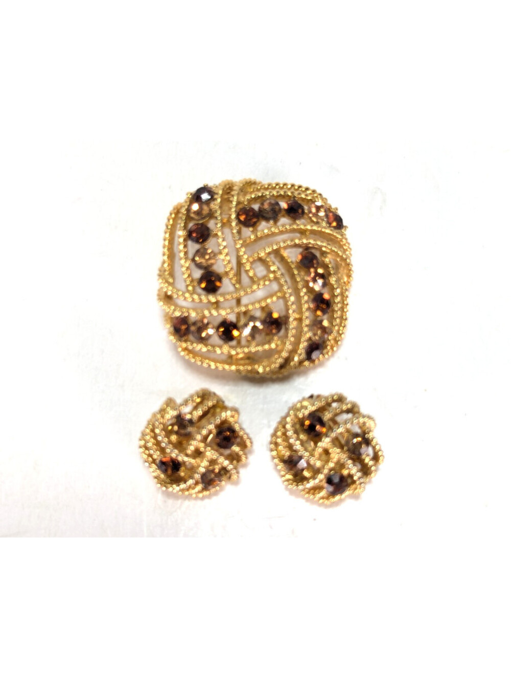 Vintage Lisner Brooch & Earring Set Braided Gold Tone Smoky Topaz Rhinestones